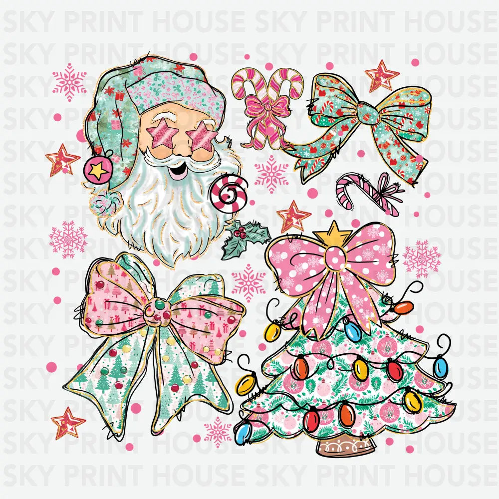 Cute Santa Bows & Candy Cane - Christmas Ready to Press DTF Transfer
