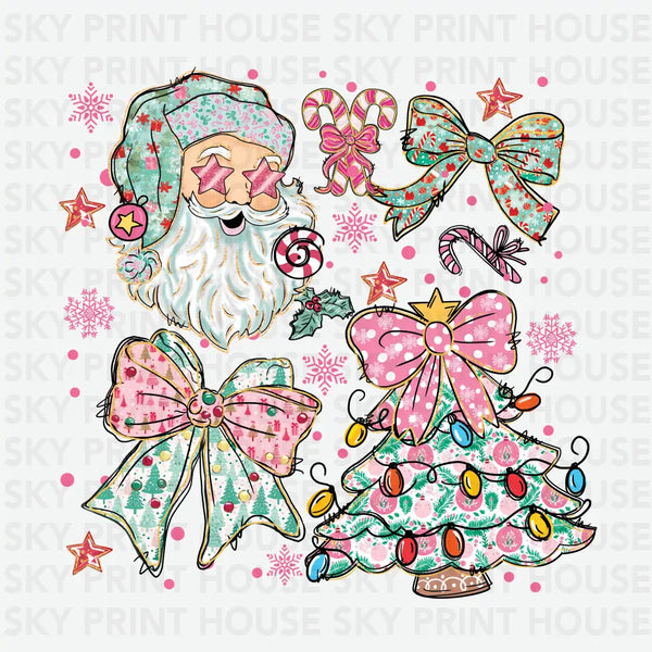 Cute Santa, Bows & Candy Cane -  Christmas Ready to Press DTF Transfer