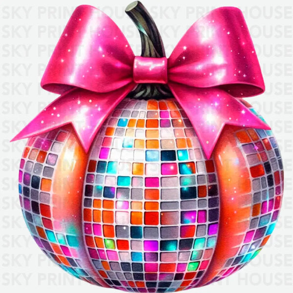 Disco Ball Pumpkin with Pink Bow - Halloween Ready to Press DTF Transfer