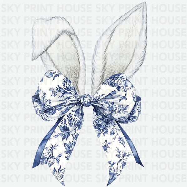 Easter Bunny Chinoiserie Blue Coquette Bow Design- Easter Ready to Press DTF Transfer