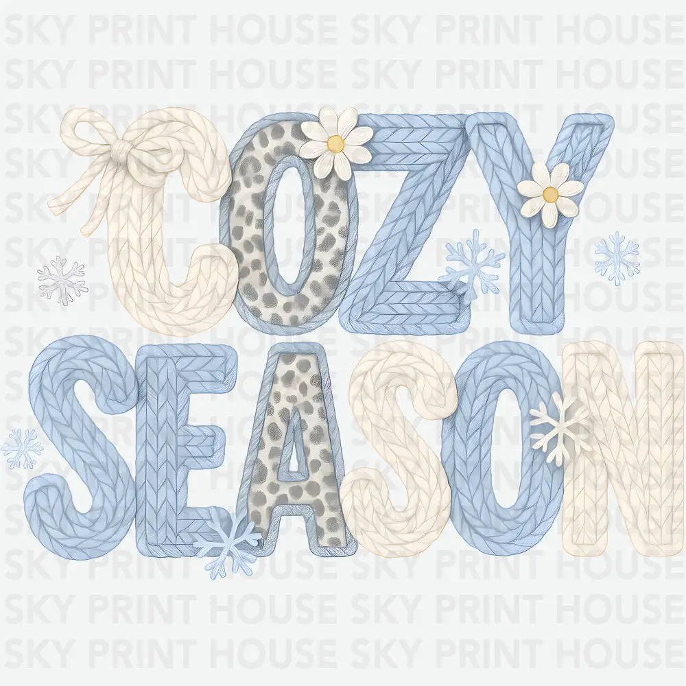 Faux Yarn Blue Cozy Season - Christmas Ready to Press DTF Transfer