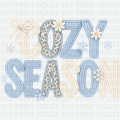 Faux Yarn Blue Cozy Season - Christmas Ready to Press DTF Transfer