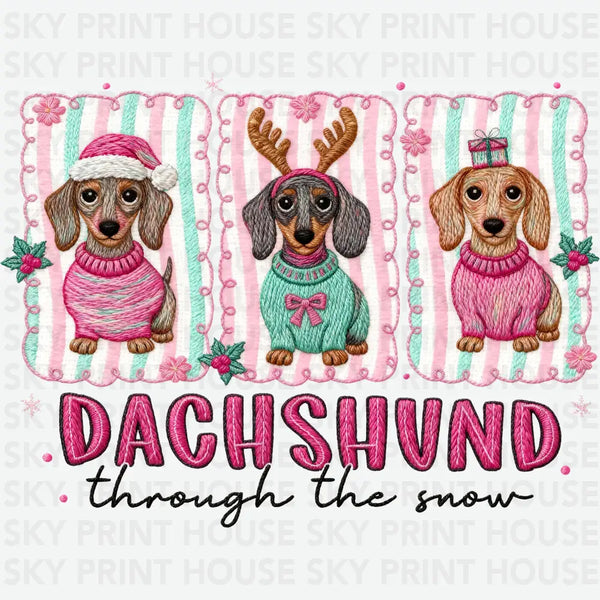 Faux Yarn Dachshund Through The Snow Christmas - Chrismas Ready to Press DTF Transfer