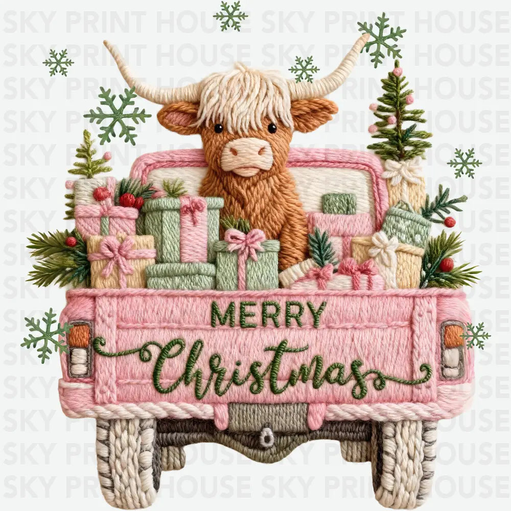 Faux Yarn Highland Cow Pink Christmas - Christmas Ready to Press DTF Transfer