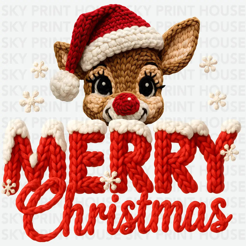 Faux Yarn Reindeer Merry Christmas - Christmas Ready to Press DTF Transfer