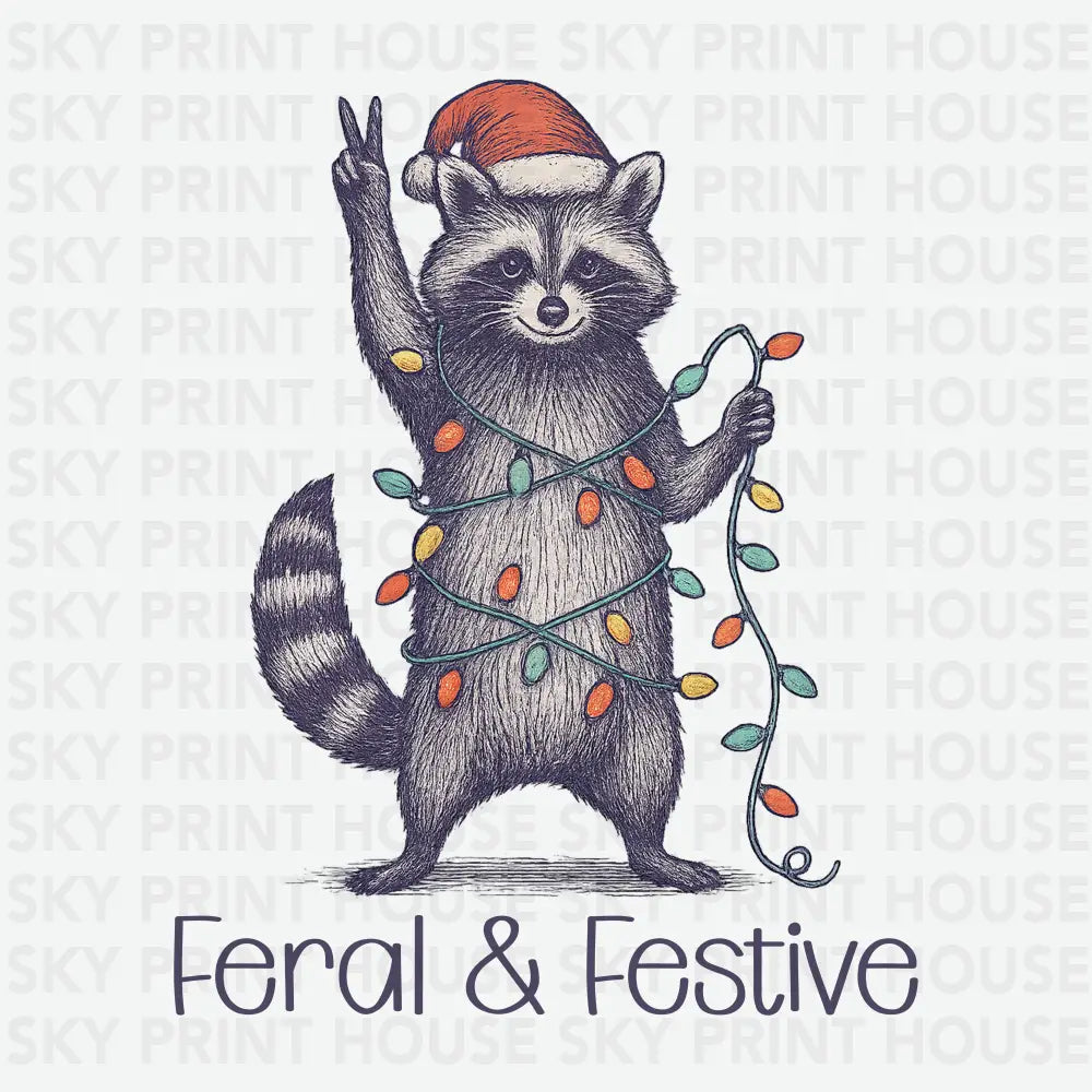 Feral & Festive Raccoon Lights Design – Christmas Ready to Press DTF Transfer