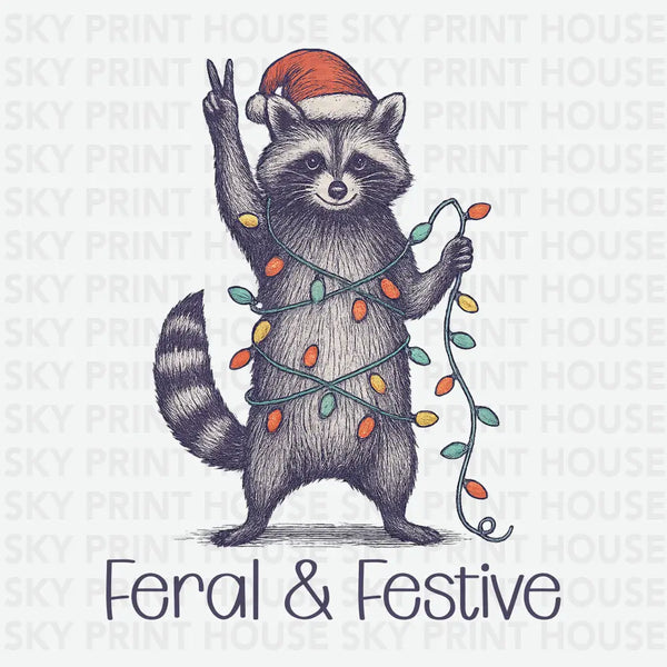 Feral & Festive Raccoon Lights Design – Christmas Ready to Press DTF Transfer
