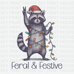 Feral & Festive Raccoon Lights Design – Christmas Ready to Press DTF Transfer