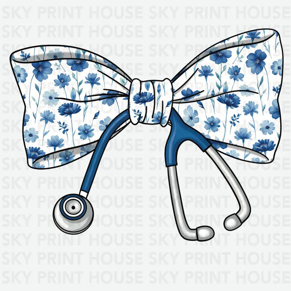 Floral Blue Stethoscope - Nurse Ready to Press DTF Transfer
