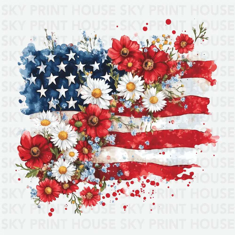 Floral USA Flag 4th of July Ready to Press DTF Transfer