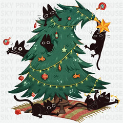 Funny Black Cats Christmas Tree Design - Christmas Ready to Press DTF Transfer