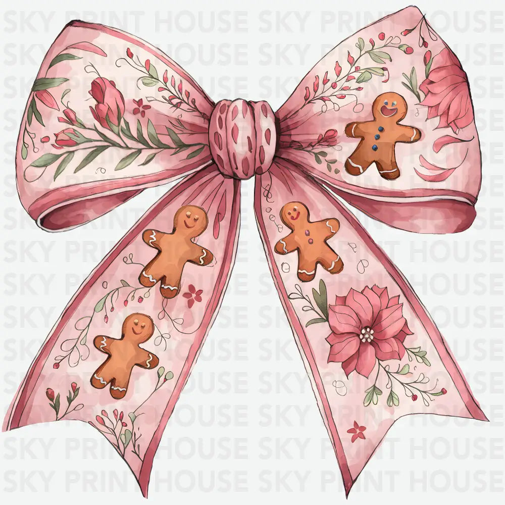 Gingerbread Christmas Bow – Pink Floral Holiday Ribbon Ready to Press DTF Transfer