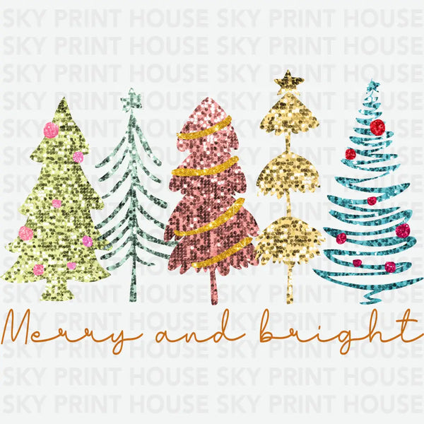 Glitter Merry And Bright Christmas Trees - Christmas Ready to Press DTF Transfer