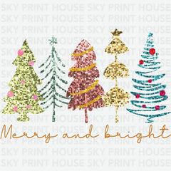 Glitter Merry And Bright Christmas Trees - Christmas Ready to Press DTF Transfer