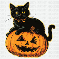 Halloween Black Cat on Pumpkin Halloween Ready to Press DTF Transfer