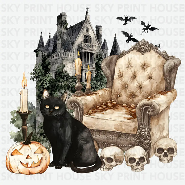 Haunted House Black Cat - Halloween Ready to Press DTF Transfer