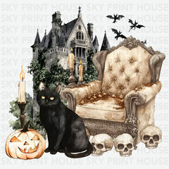 Haunted House Black Cat Halloween Ready to Press DTF Transfer