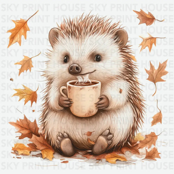 Hedgehog with Fall Leaves and Mug - Fall Ready to Press DTF Transfer