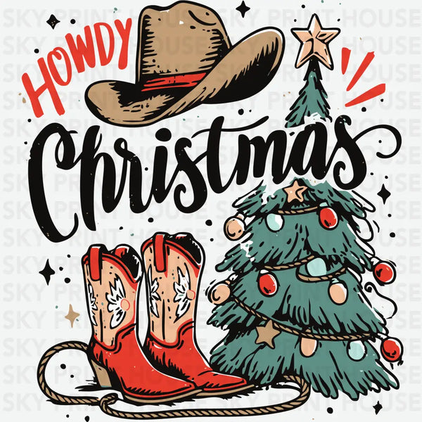 Howdy Christmas Cowboy Boots Design – Christmas Ready to Press DTF Transfer