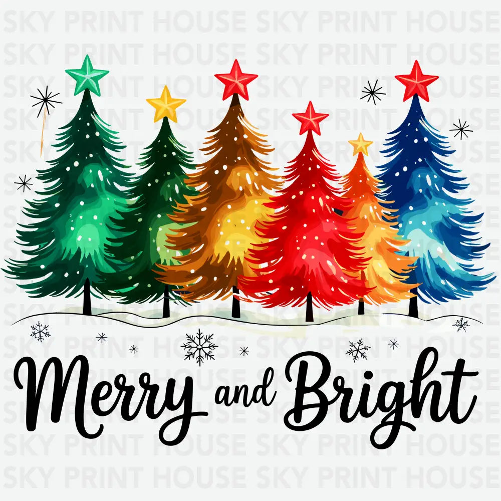 Merry And Bright Colourful Christmas Pine Trees - Ready to Press DTF Transfer