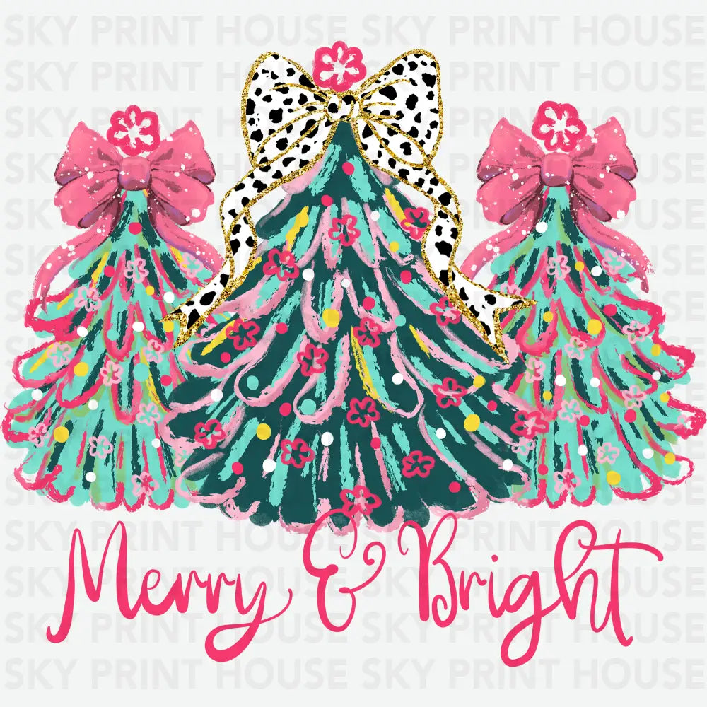 Merry and Bright Girly Christmas Tree Design - Ready to Press DTF Transfer