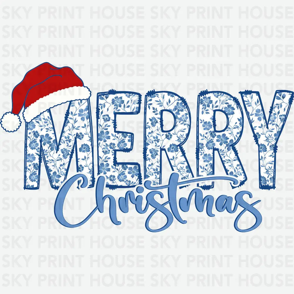 Merry Christmas Chinoiserie Blue - Christmas Ready to Press DTF Transfer