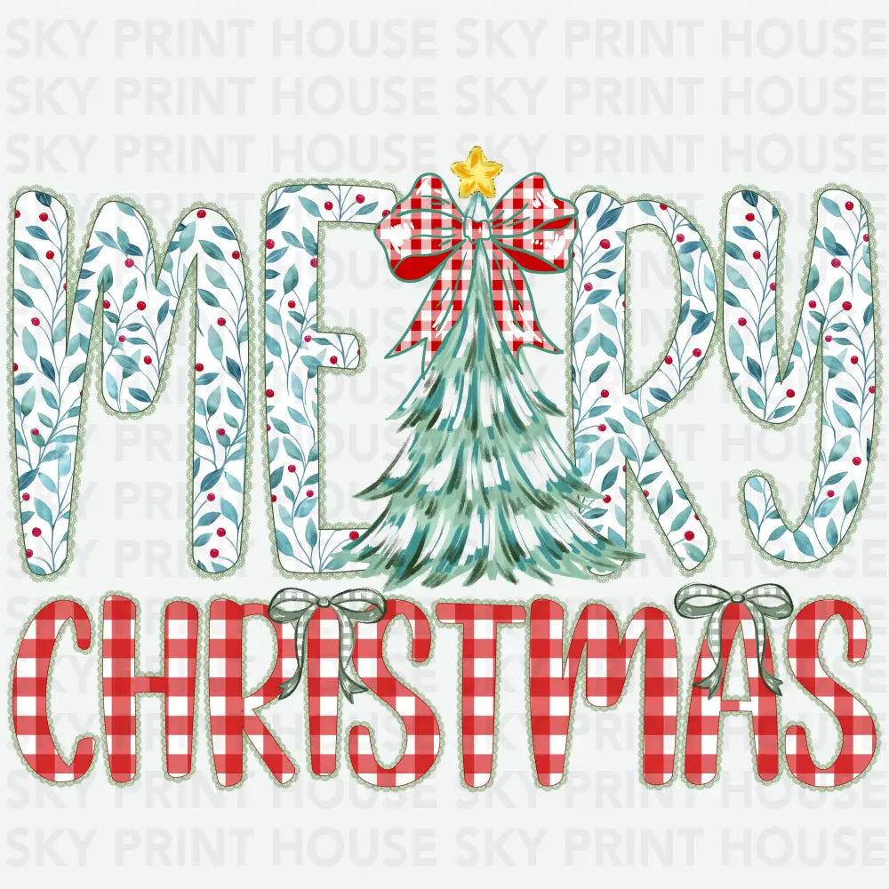 Merry Christmas Gingham & Floral Tree Design - Christmas Ready to Press DTF Transfer