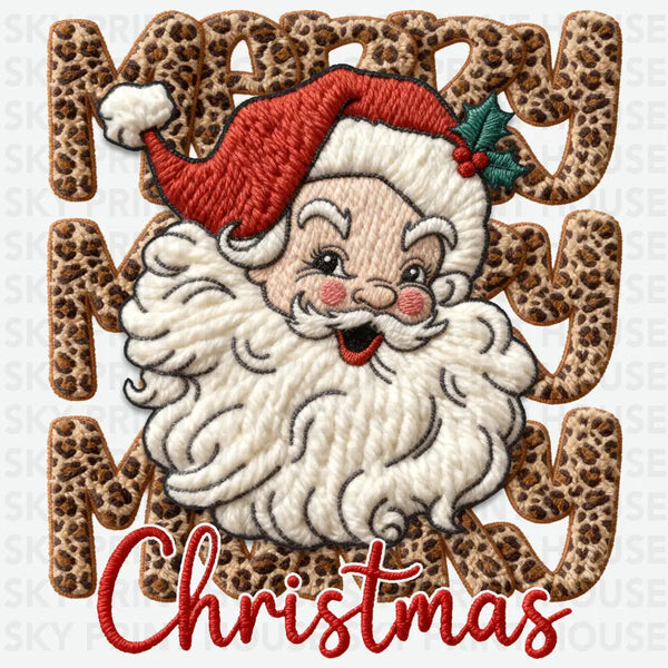Merry Christmas Leopard Embroidery Santa Design – Christmas Ready to Press DTF Transfer