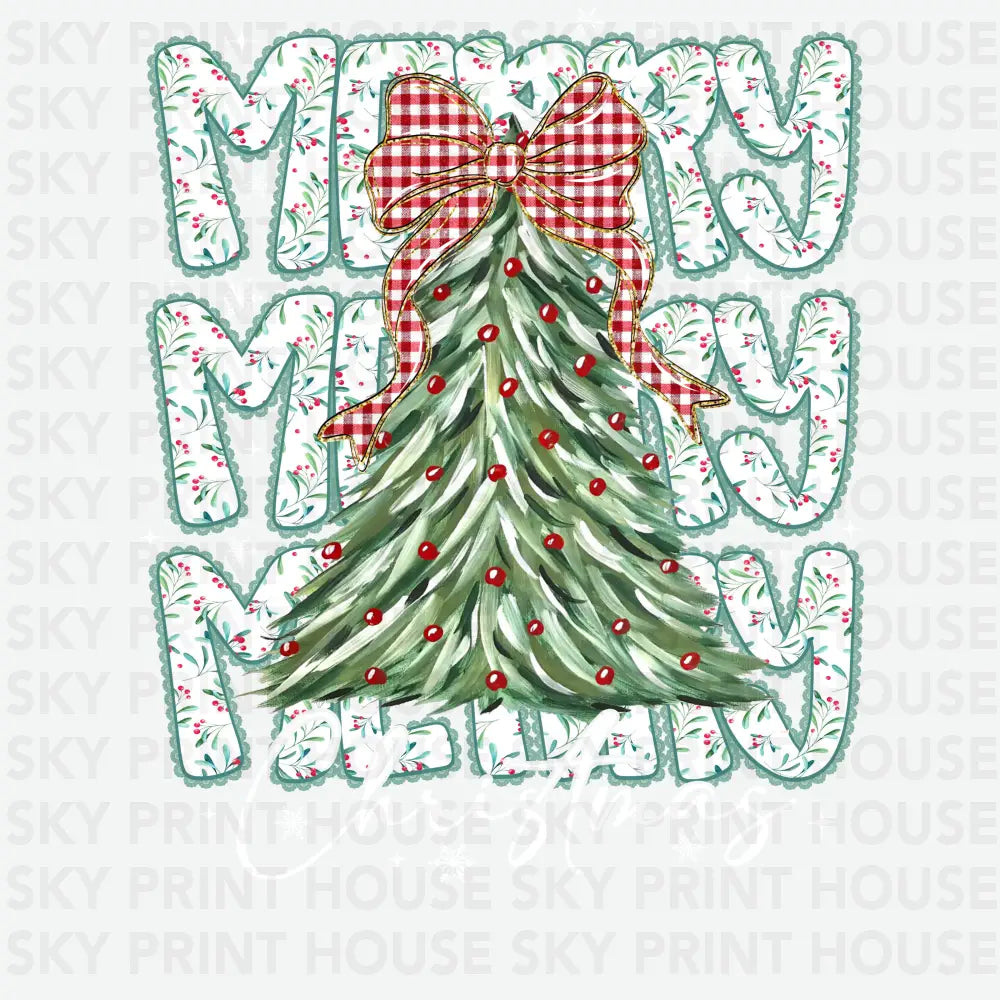 Merry Christmas Tree Gingham Bow Design – Christmas Ready to Press DTF Transfer