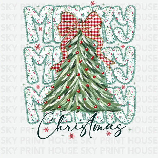 Merry Merry Merry Christmas Tree with Gingham Bow – Christmas Ready to Press DTF Transfer