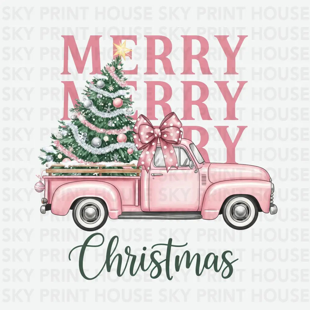 Merry Merry Merry Pink Vintage Truck Christmas Tree Design – Christmas Ready to Press DTF Transfer