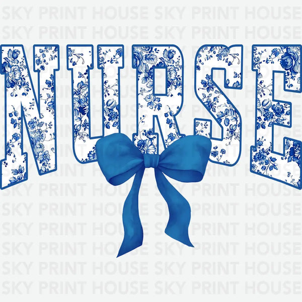Nurse Blue Chinoiserie Floral Coquette - Nurse Ready to Press DTF Transfer