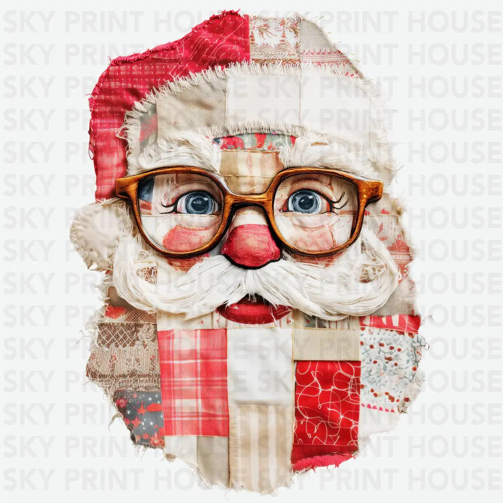 Patchwork Santa Face Design - Christmas Ready to Press DTF Transfer