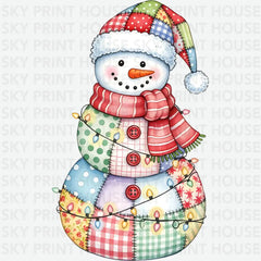 Patchwork Snowman – Cozy Christmas Lights Ready to Press DTF Transfer