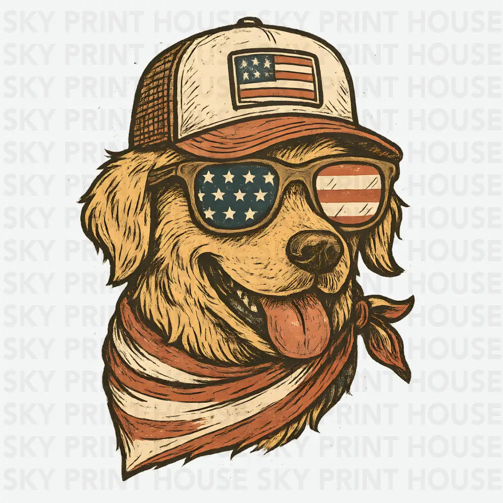 Patriotic Dog with American Flag Hat Sunglasses 4th of July Ready to Press DTF Transfer