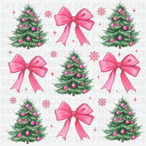 Pink Bow And Christmas Tree - Christmas Ready to Press DTF Transfer