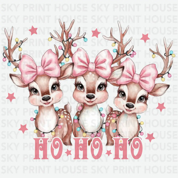 Pink Bow Reindeer Ho Ho Ho - Christmas Ready to Press DTF Transfer