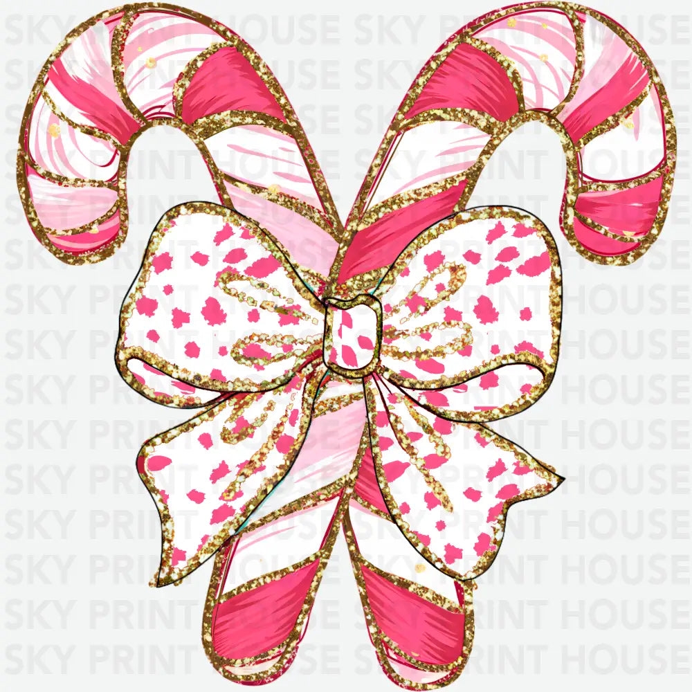Pink Candy Cane Coquette Bow - Christmas Ready to Press DTF Transfer