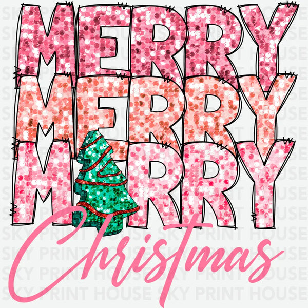 Pink Glitter Merry Christmas - Christmas Ready to Press DTF Transfer
