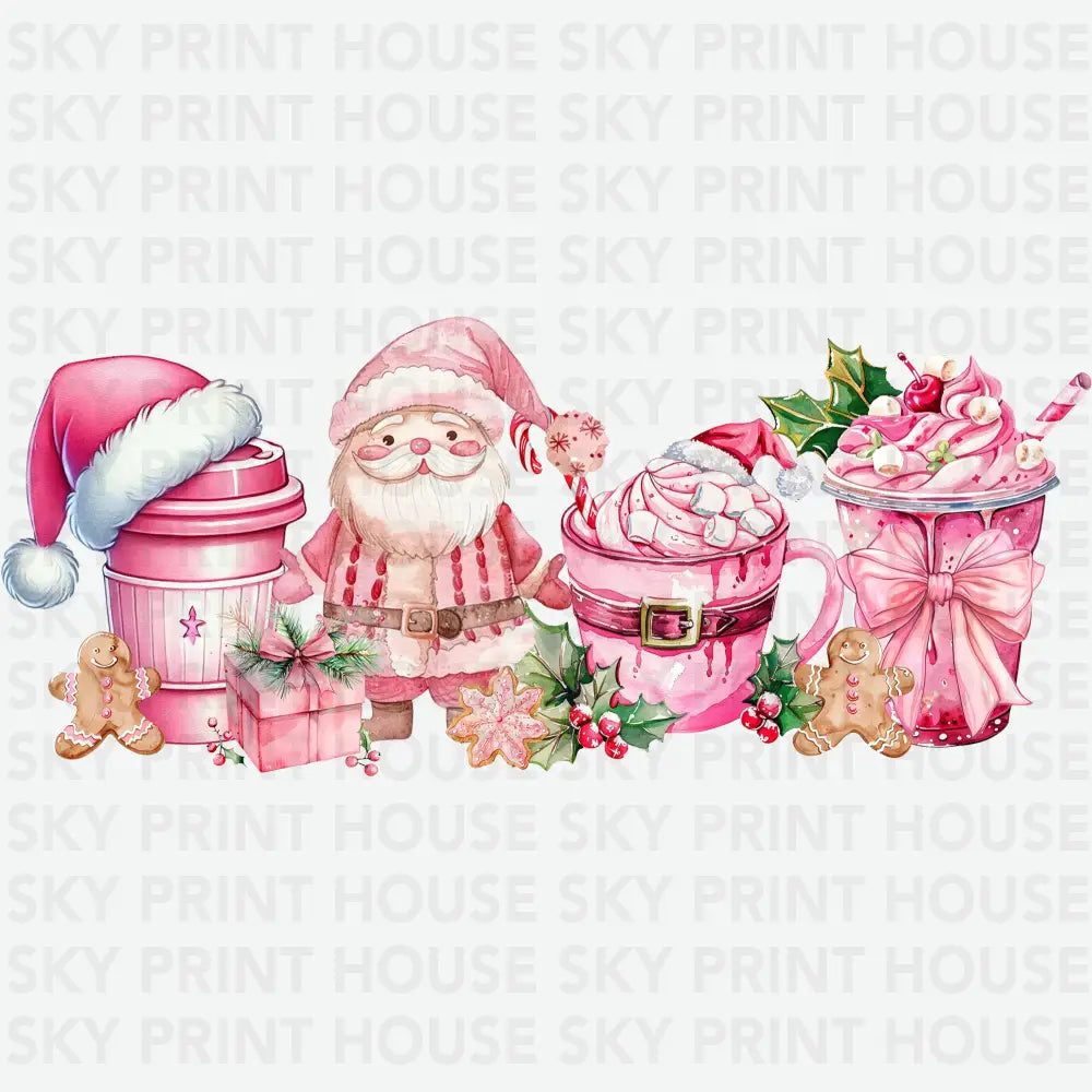 Pink Santa Christmas Drinks - Christmas Ready to Press DTF Transfer