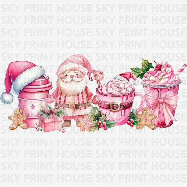 Pink Santa Christmas Drinks - Christmas Ready to Press DTF Transfer
