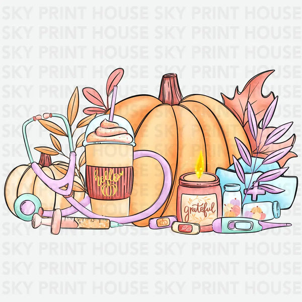 Pumpkin with Nursing Elements - Thanksgiving Ready to Press DTF Transfer