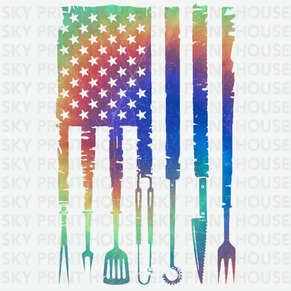 Rainbow BBQ Grill USA Flag 4th of July Ready to Press DTF Transfer
