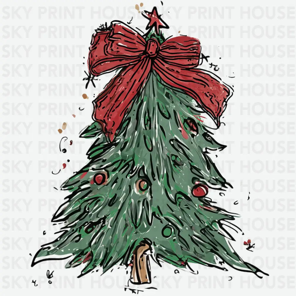 Retro Christmas Tree with Red Bow Pocket Design – Christmas Ready to Press DTF Transfer