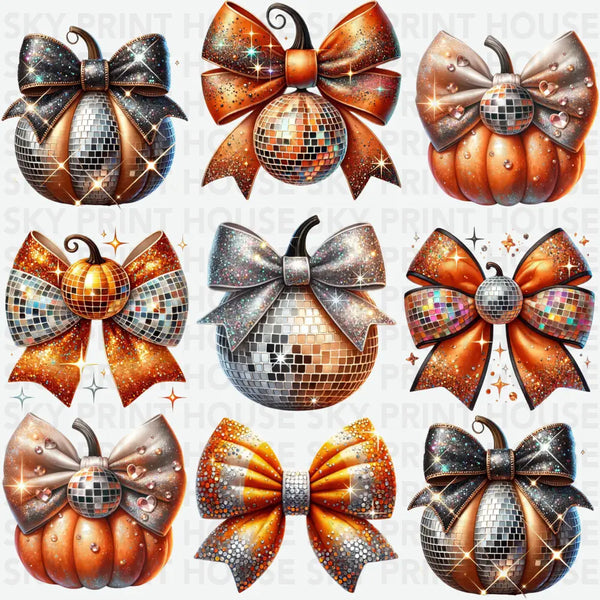 Retro Disco Ball Pumpkin Coquette Bow - Fall Ready to Press DTF Transfer