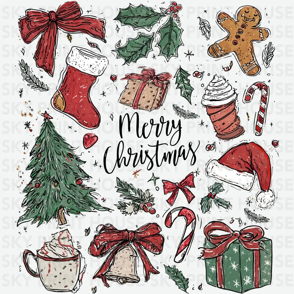 Retro Hand-Drawn Christmas Collage - Christmas Ready to Press DTF Transfer