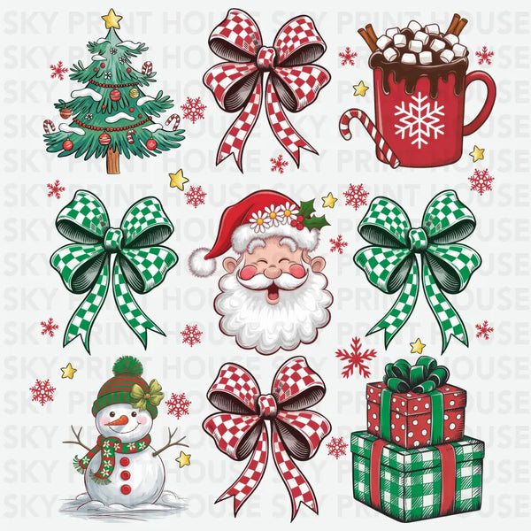 Santa, Tree, Snowman & Checkered Bow - Christmas Ready to Press DTF Transfer