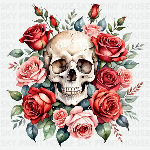 Skull with Roses -Halloween Ready to Press DTF Transfer