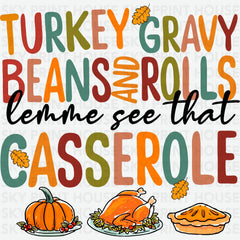 Turkey Gravy Beans and Rolls Thanksgiving Ready to Press DTF Transfer