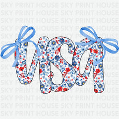 USA Floral Coquette Bow 4th of July Ready to Press DTF Transfer